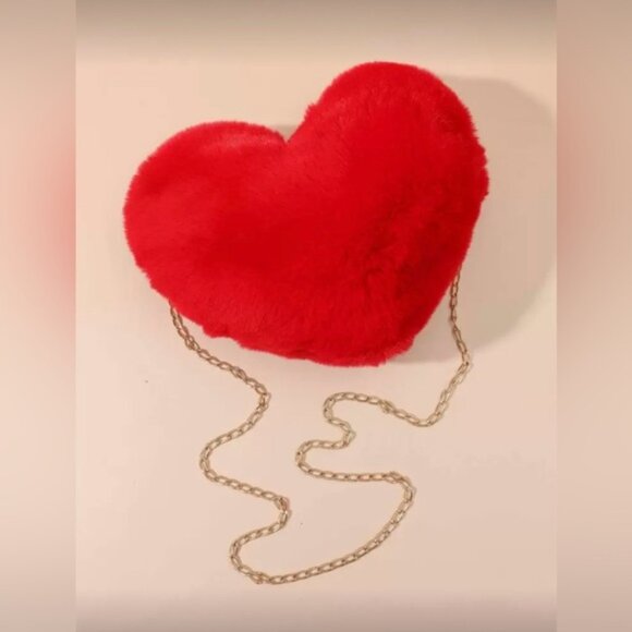 SHEIN Red Heart Faux Fur Clutch with Gold Chain - Picture 2 of 3